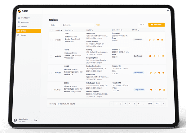 GSNS customer portal dashboard showing an orders list with status, route, price, and timestamps on a tablet device